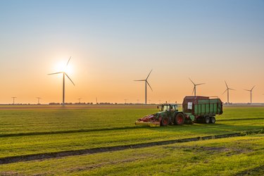 Tractor with trailer harvesting on a field near wind turbines at sunset