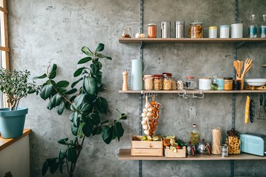 Open shelving on kitchen wall