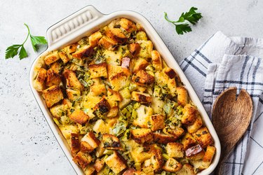 Traditional Thanksgiving stuffing: bread casserole with celery