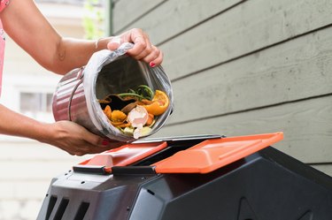 Putting kitchen scraps into compost bin
