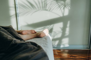 Low section of young woman sleeping in bed, with bare feet under the blanket in bedroom. Sunlight shining through window with the silhouette of palm tree on a beautiful sunny morning
