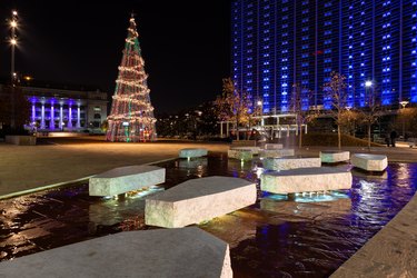 Main Street Garden Park at night close to Christmas time, Dallas, Texas