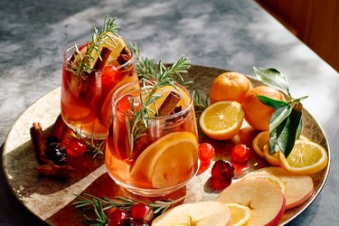 Mulled wine or Christmas sangria with aromatic herbs and spices, apple, cherry and citrus fruits
