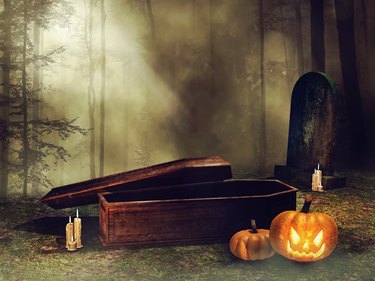 Coffin and Halloween pumpkins