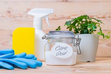 Citric acid in container and cleaning tools on wooden background.