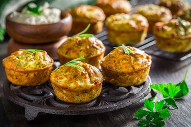 Homemade zucchini muffins with feta cheese, savory cake with ingredients