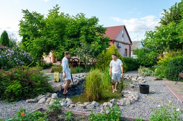 Father and son cleaning garden pond bottom with high-pressure washer from mud
