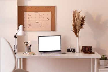 At home still life, cozy workplace with laptop