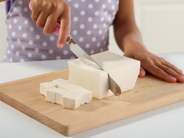 Rainbow Salads - Slicing a block of tofu into chunks (Step 3 of 5)