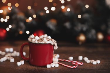 Winter whipped cream hot coffee in a red mug with star shaped cookies and warm scarf - rural still life