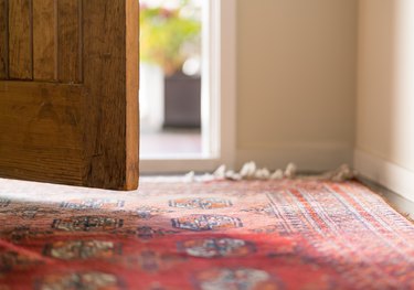 Area rug on floor in front of open front door