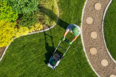 Directly Above Shot Of Man Using Lawn Mower