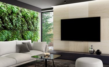 8k TV room. Modern minimalist villa apartment interior.
