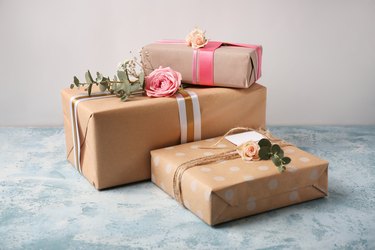 Festive gift boxes on table