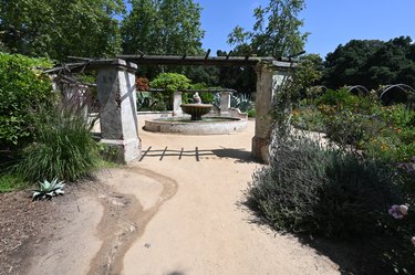 Courtyard with a water fountain and Pergola in California, USA.