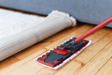 mop with rag cleaning wooden in room, closeup