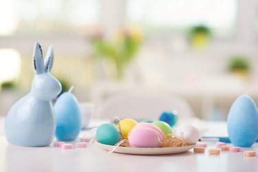 Close-Up Of Multi Colored Easter Eggs On Table