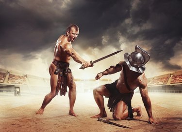 Gladiators fighting at coliseum arena. Gladiator won