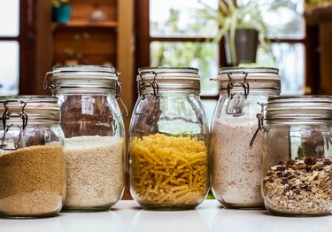 glass jars with ingredients in the rustic kitchen