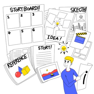 Man with simple sketch and steps to bring idea to storyboard