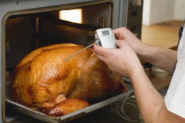Checking turkey in oven with meat thermometer