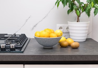 Bowl of citrus on dark kitchen counter with indoor plant