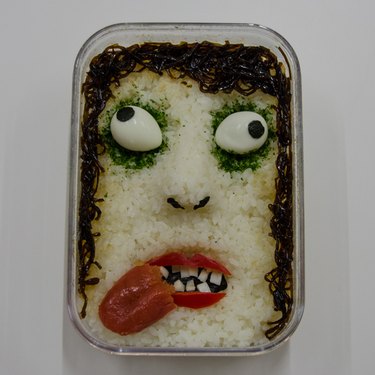 Rice, eggs and seaweed arranged in a Bento box