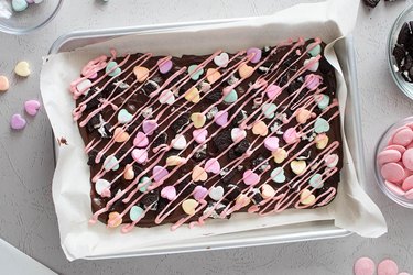 Oreo chocolate bark with pink candy drizzle