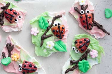 Lovebug candy bark with strawberry lady bugs