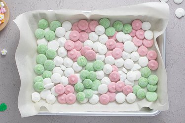 Candy melts on a baking sheet