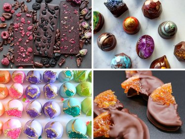 A collage of four chocolate photos: dark chocolate with fruit and flower petals, colorful painted truffles, geode truffles and chocolate-dipped candied orange slices