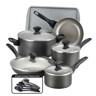 Farberware black finish nonstick coating 15-piece cookware set.