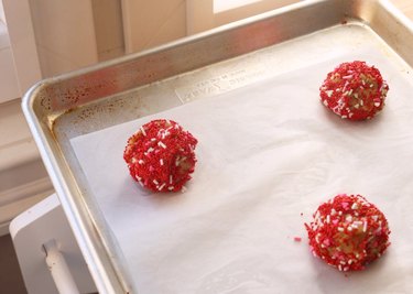 Cookie dough balls rolled in Valentine's Day sprinkles