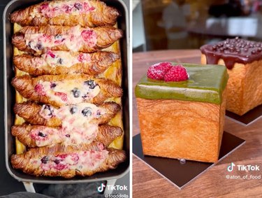 Side-by-side image of croissant French toast and square croissants