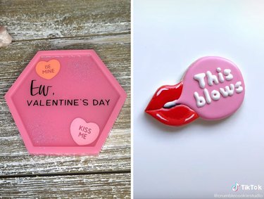 Side-by-side of an "Ew, Valentine's Day" jewelry dish and a "This Blows" cookie shaped like a mouth blowing a bubble gum bubble