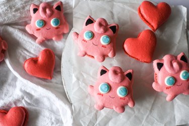 Completed jigglypuff and heart macarons