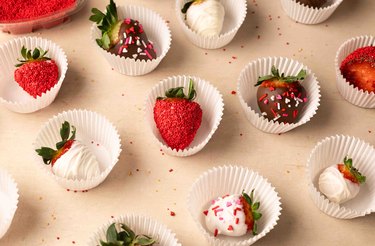 Chocolate-dipped strawberries decorated for Valentine's Day.