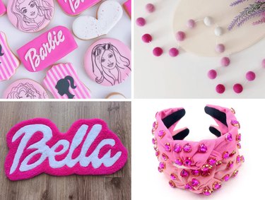 Collage of four Barbiecore images: cookies, a pink garland, a Barbie font rug and two pink headbands