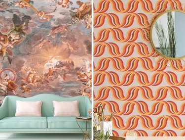 Side-by-side collage featuring Italianate and retro wave wallpaper