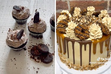 Chocolate cupcakes topped with Thin Mint Girl Scout cookies and a tall cake topped with Samoa Girl Scout cookies as well as chocolate and caramel sauces.