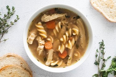 Chicken noodle soup with plant-based chick'n in a bowl