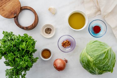 Ingredients for charred cabbage steaks with chimichurri