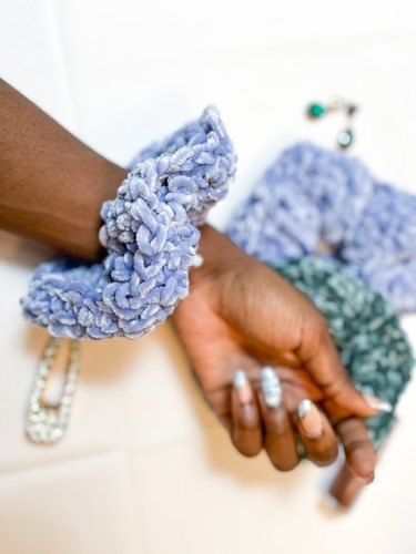 crochet velvet scrunchie on wrist