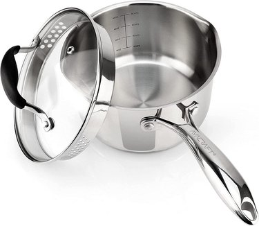 An AVACRAFT Stainless Steel 2.5-Quart Saucepan With Strainer Lid