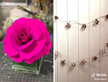 Side-by-side of two toilet paper tube crafts: a pink rose and star garlands