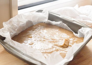 Baking pan with blondie batter.