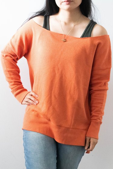 Finished DIY off-shoulder boat-neck sweatshirt