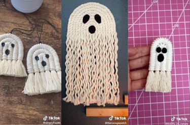 Three macrame ghost samples from TikTok, including mini macrame ghosts and a large macrame ghost