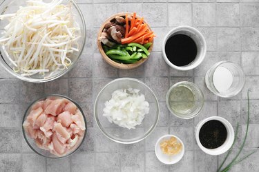 Ingredients for chicken and bean sprouts stir-fry