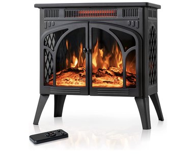 Freestanding electric fireplace made of cast iron with LED flames and heat output.